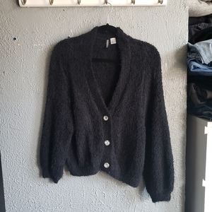 XL  H&M Divided Shaggy Black Jewel Button Crop Cardigan